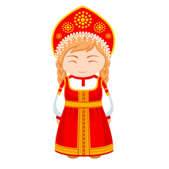 Woman in Russia national costume. Female cartoon character in traditional russian ethnic clothes. Flat isolated illustration.