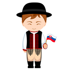 Man in Slovakia national costume. Male cartoon character in traditional slovak ethnic clothes holding flag. Flat isolated illustration.