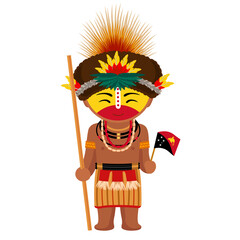 Man in Papua New Guinea costume. Male cartoon character in traditional ethnic Huli tribal clothes holding flag. Flat isolated illustration.