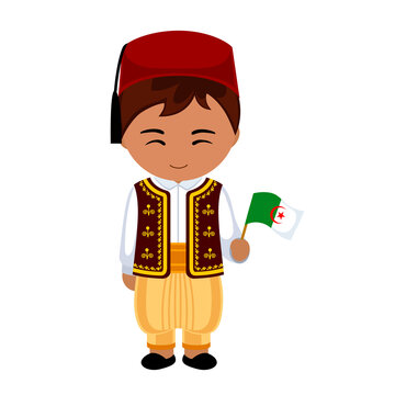 Man in Algeria national costume. Male cartoon character in traditional ethnic clothes holding algerian flag. Flat isolated illustration.