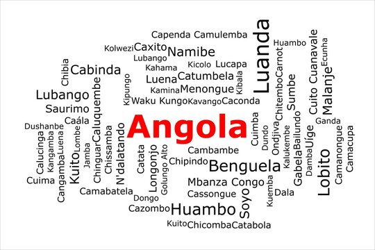 Tagcloud of the most populous cities in Angola. The title is red and all the cities are black on the white background. There are cities like Luanda and Huambo.