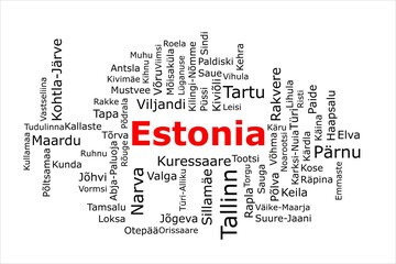 Tagcloud of the most populous cities in Estonia. The title is red and all the cities are black on the white background. There are cities like Tallinn and Tartu.