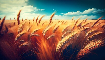 Field of Ripe Wheat against the Blue Sky. Generative ai