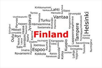 Tagcloud of the most populous cities in Finland. The title is red and all the cities are black on the white background. There are cities like Helsinki and Espoo.