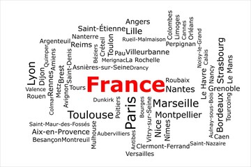 Tagcloud of the most populous cities in France. The title is red and all the cities are black on the white background. There are cities like Paris and Marseille.