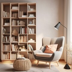 Cozy Scandinavian Interior with Bookcase and Armchair. Home Library with Modern Bookshelf. Generative AI