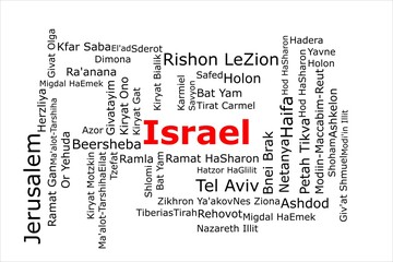 Tagcloud of the most populous cities in Israel. The title is red and all the cities are black on the white background. There are cities like Jerusalem and Tel Aviv.
