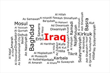 Tagcloud of the most populous cities in Iraq. The title is red and all the cities are black on the white background. There are cities like Baghdad and Mosul. - obrazy, fototapety, plakaty