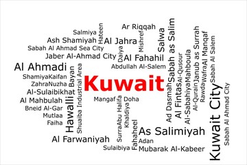 Tagcloud of the most populous cities in Kuwait. The title is red and all the cities are black on the white background. There are cities like Kuwait City and As Salimiyad.