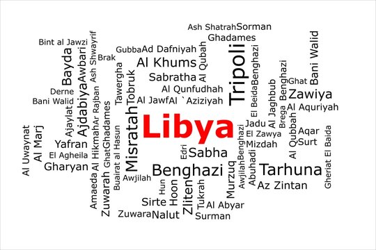 Tagcloud of the most populous cities in Libya. The title is red and all the cities are black on the white background. There are cities like Tripoli and Benghazi.