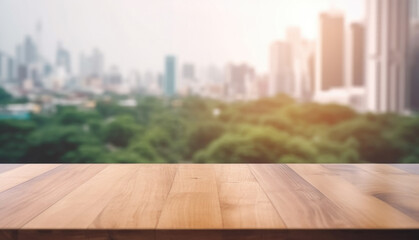 Naklejka na ściany i meble Wooden table top on blur window glass with city view, product display concept. (Generative AI)