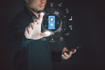 electric vehicle charging station for charging EV batteries. Plug for vehicle with electric engine.  EV charging station for electric vehicles in green energy and eco