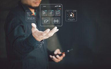 Smart remote home control system app. Living room interior in background.

