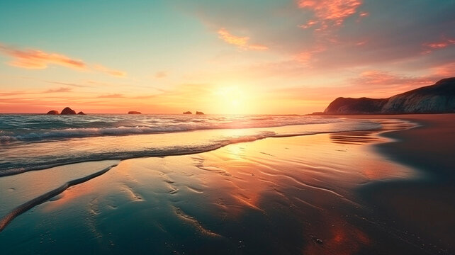 summer landscape with sunrise on the beach. High quality Generative AI