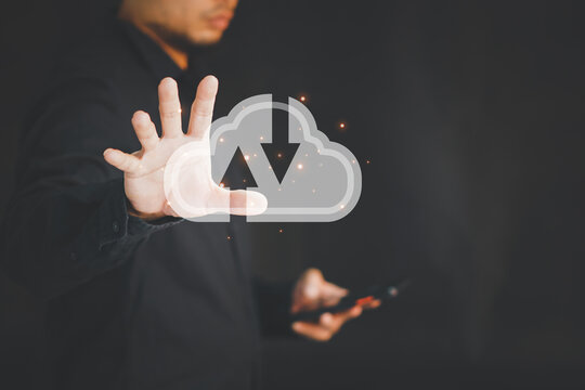 business man presenting graphic world metaverse cyber business In the business technology model, the concept of online digital processing.
