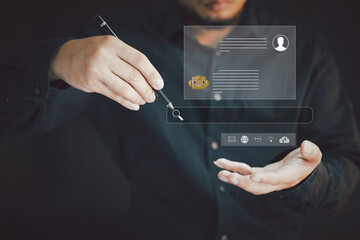 Businessman using smart phone and touching on virtual screen contact menu email. Contact us or Customer support hotline people connect. ai chat.
