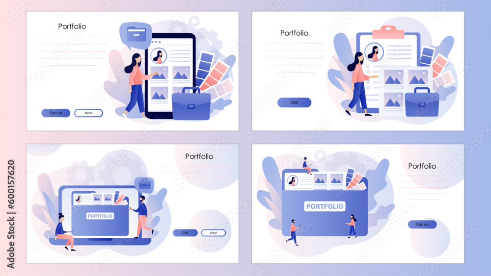 Aufkleber portfolio concept. briefcase with work gallery and file collection. preview folder presentation arti