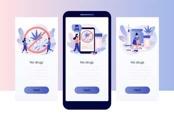 Fototapeta na wymiar Say no to drug. International day against drug abuse. Addiction treatment, narcotic addict medication. Problem addiction. Screen template for mobile, smartphone app. Modern flat cartoon style. Vector