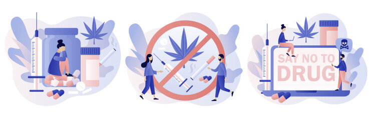 Say no to drug. International day against drug abuse. Addiction treatment, narcotic addict medication. Problem addiction. Modern flat cartoon style. Vector illustration on white background