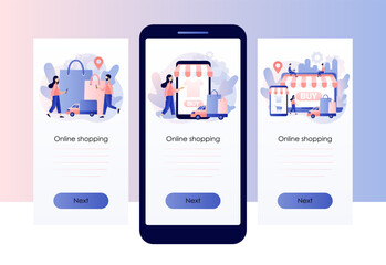 Online shopping store. Sale, product order and delivery of goods. Business marketing. Screen template for mobile, smartphone app. Modern flat cartoon style. Vector illustration
