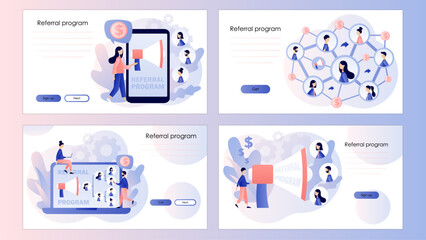 Referral program. Refer a friend concept. Social media marketing. Business partnership. Screen template for landing page, template, ui, web, mobile app, poster, banner, flyer. Vector illustration