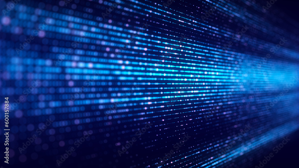 Fototapete Futuristic blue dots background. Abstract glitch background. Corrupted binary code. Technology of many glowing particles. Artificial intelligence. Big data visualization. 3d rendering.