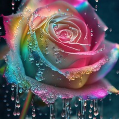 A rainbow colored rose with water droplets on it - generative AI