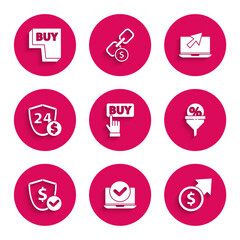 Set Buy button, Laptop, Financial growth and coin, Lead management, Shield with dollar, cursor and icon. Vector