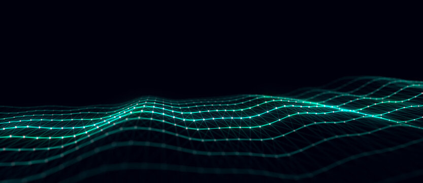 Technology green wave with lines. Big data visualization. Analytics representation. Digital background. 3d rendering.