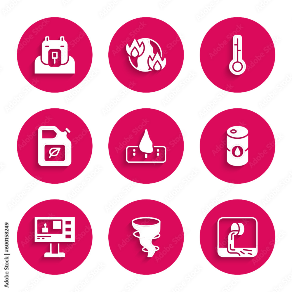 Sticker Set Deforestation, Tornado, Wastewater, Barrel oil, Television report, Bio fuel canister, Meteorology thermometer and Polar bear head icon. Vector