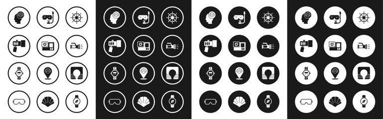 Set Ship steering wheel, Action camera, Flashlight, Scallop sea shell, Diving mask and snorkel, Life jacket and watch icon. Vector