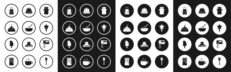 Set Can container for milk, Kitchen whisk and bowl, Cake, apron, Lollipop, Pudding custard, Electric mixer and Ice cream icon. Vector