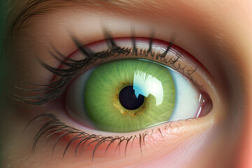 Close-up of a human eye with a green pupil. apple of my eye metaphor. Generative AI.