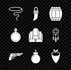 Set Lasso, Tooth, Gun powder barrel, Revolver gun, Bomb ready to explode, Cowboy bandana, Canteen water bottle and Gold bars icon. Vector