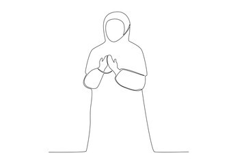 A female pilgrim praying. Hajj pilgrims one-line drawing