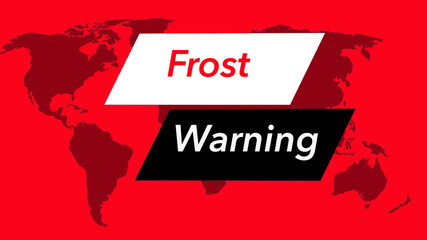 Frost warning. A television weather banner or icon is seen with a map of the world showing the United States. Colors are red, black and white and is from a set of 40 similar images.