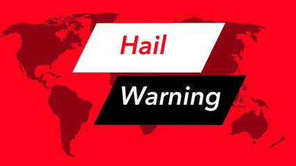 Hail warning. A television weather banner or icon is seen with a map of the world showing the United States. Colors are red, black and white and is from a set of 40 similar images.