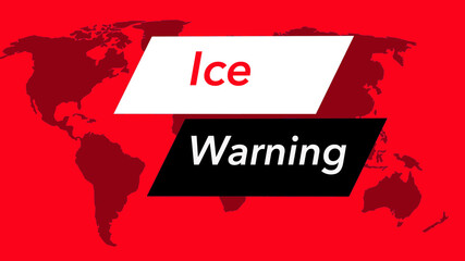 Ice warning. A television weather banner or icon is seen with a map of the world showing the United States. Colors are red, black and white and is from a set of 40 similar images.
