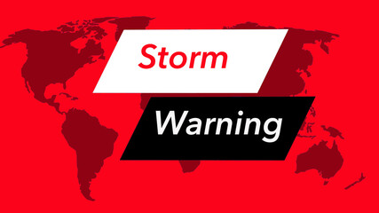 Storm warning.A television weather banner or icon is seen with a map of the world showing the United States. Colors are red, black and white and is from a set of 40 similar images.