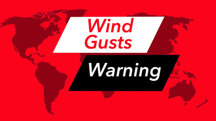 Wind gusts warning. A television weather banner or icon is seen with a map of the world showing the United States. Colors are red, black and white and is from a set of 40 similar images.