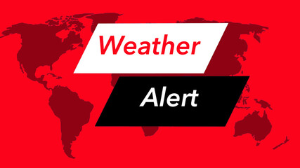 Weather alert. A television weather banner or icon is seen with a map of the world showing the United States. Colors are red, black and white and is from a set of 40 similar images.