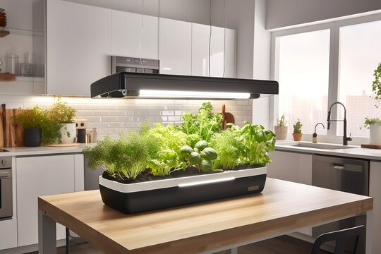 Hydroponic garden in a kitchen. AI Generative Illustrations