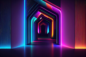 Rays of neon light on a neon wall . An empty stage. Copying space. generated AI Generative AI