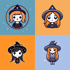 Cute witches chibi girls kawaii cartoon halloween illustration set collection