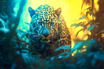 Naklejka na ściany i meble Jungle Painting of a Leopard. Generative AI. A digital painting of a leopard in the jungle with yellows and blues.