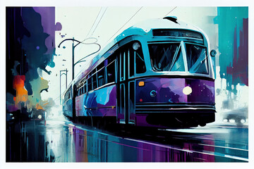 illustration, city streetcar. Public transport Generative AI