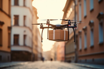 Fototapeta na wymiar Postal drone . The drone carries a cardboard box Illustration of a package. Drone technology Generative AI