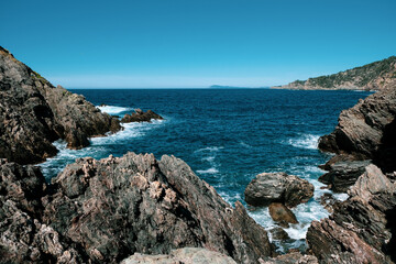 Bluff and sea. Porquerolles Island. France. South side. Famous place. Copy space. 
