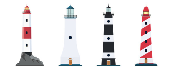 Lighthouse set. Searchlight towers for maritime navigation guidance collection. Sea beacon for security and navigation. Coastline nautical building in red, black, white, blue colors. Vector
