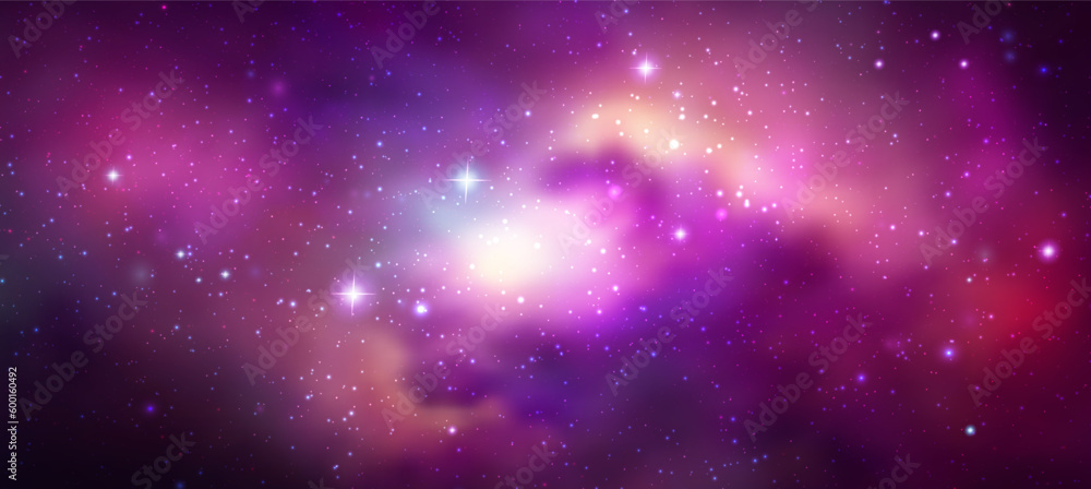 Sticker space vector background with realistic nebula and shining stars. magic colorful galaxy with stardust